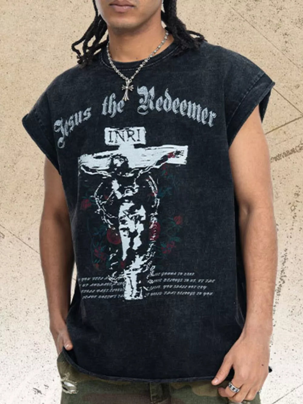 Black graphic cotton tank top with Jesus the Redeemer print and rolled sleeves.