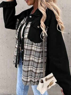 Panelled plaid denim hybrid jacket in black with button details and a chain strap detail.