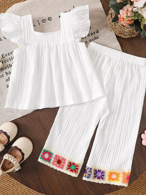 Children's Crochet Trimmed Top And Pants Set in White, fit detail
