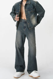 Medium wash denim trucker jacket with chest pockets and relaxed fit jeans.