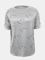 Light Gray t-shirt with heart print and lace trim on shoulders and sleeves.