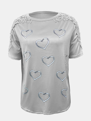 Light Gray t-shirt with heart print and lace trim on shoulders and sleeves.
