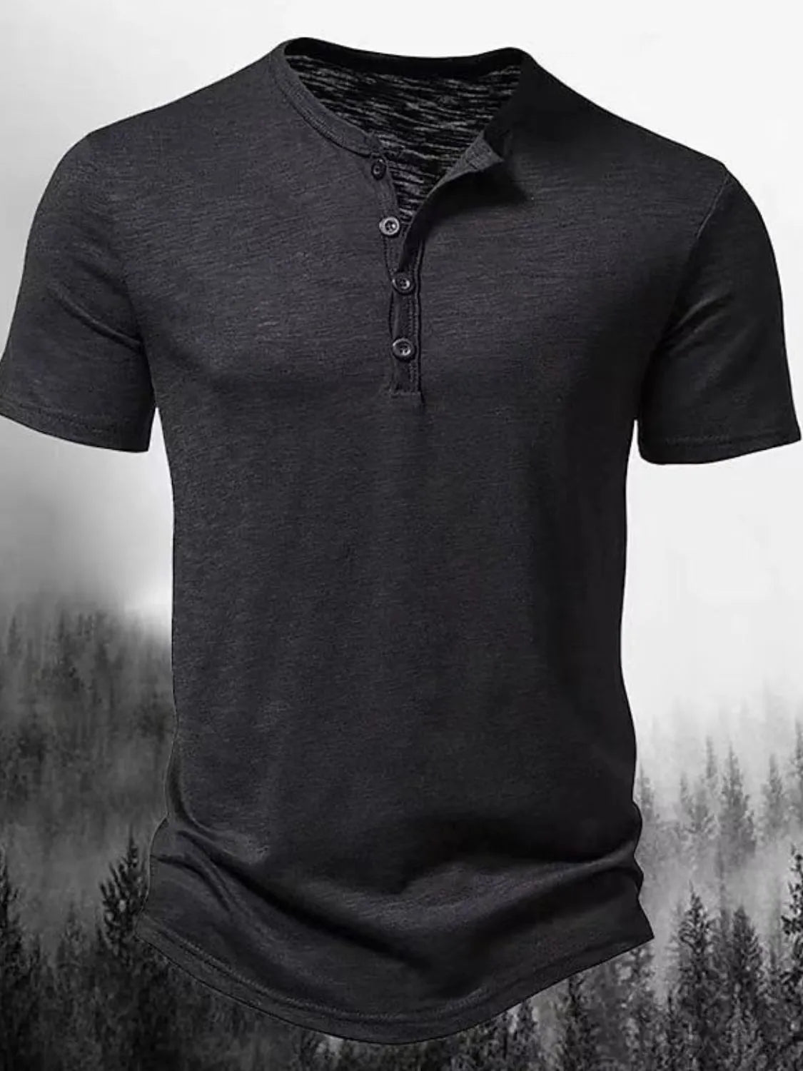 Black textured short sleeve henley tee with a button placket and contrast neckline.