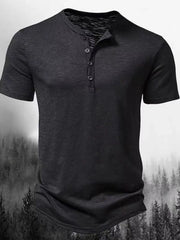 Black textured short sleeve henley tee with a button placket and contrast neckline.
