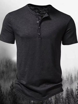 Black textured short sleeve henley tee with a button placket and contrast neckline.