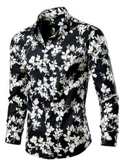 Men's black button-down shirt with white tropical leaf print, long sleeves, cotton.