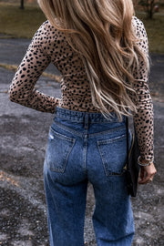 Spotted scoop neck second-skin bodysuit in Dust Storm, long sleeve, animal print.