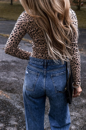 Spotted scoop neck second-skin bodysuit in Dust Storm, long sleeve, animal print.