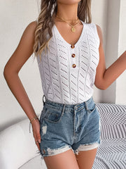 White openwork knit tank top with V-neck and button detail.