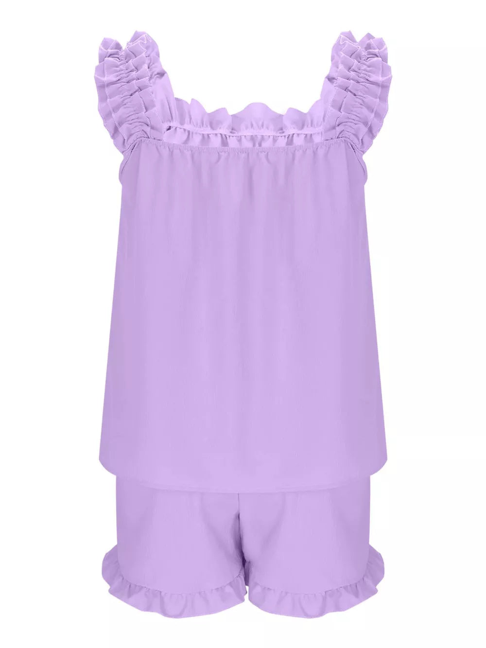 Ruffled lavender pajama set with square neckline and ruffled shorts.