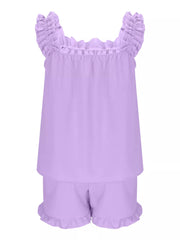 Ruffled lavender pajama set with square neckline and ruffled shorts.