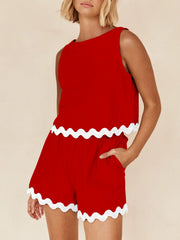 Scalloped edge tank and shorts set in Scarlet with white trim.