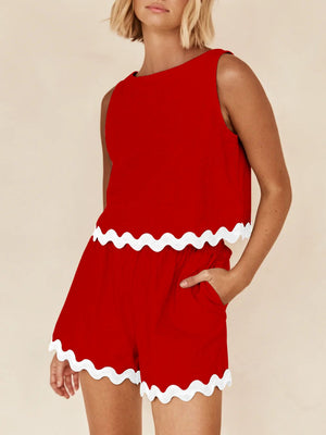 Scalloped edge tank and shorts set in Scarlet with white trim.