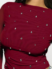 Burgundy mesh long-sleeve t-shirt with scattered rhinestones.