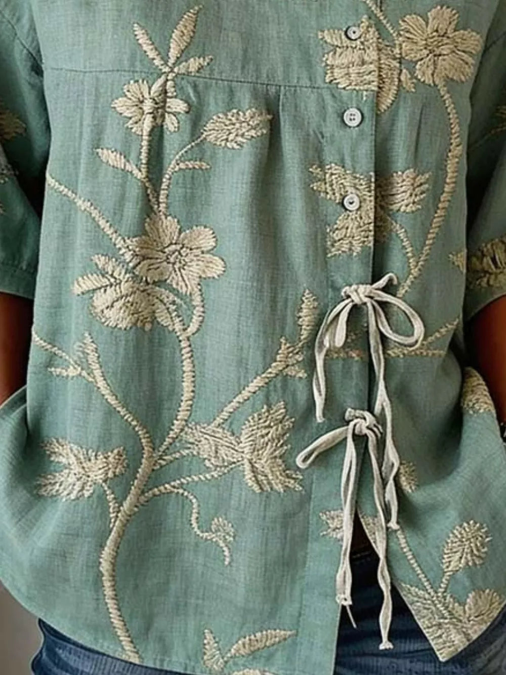 Embroidered Floral Tie Front Shirt Plus Size in Blue, close-up detail