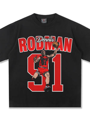 Black cotton t-shirt with Dennis Rodman graphic and number 91