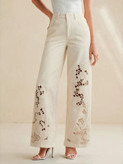Embroidered Cutout Wide-leg Jeans