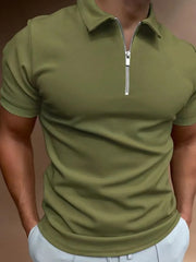 Moss green zip-front polo shirt with short sleeves and a streamlined fit.