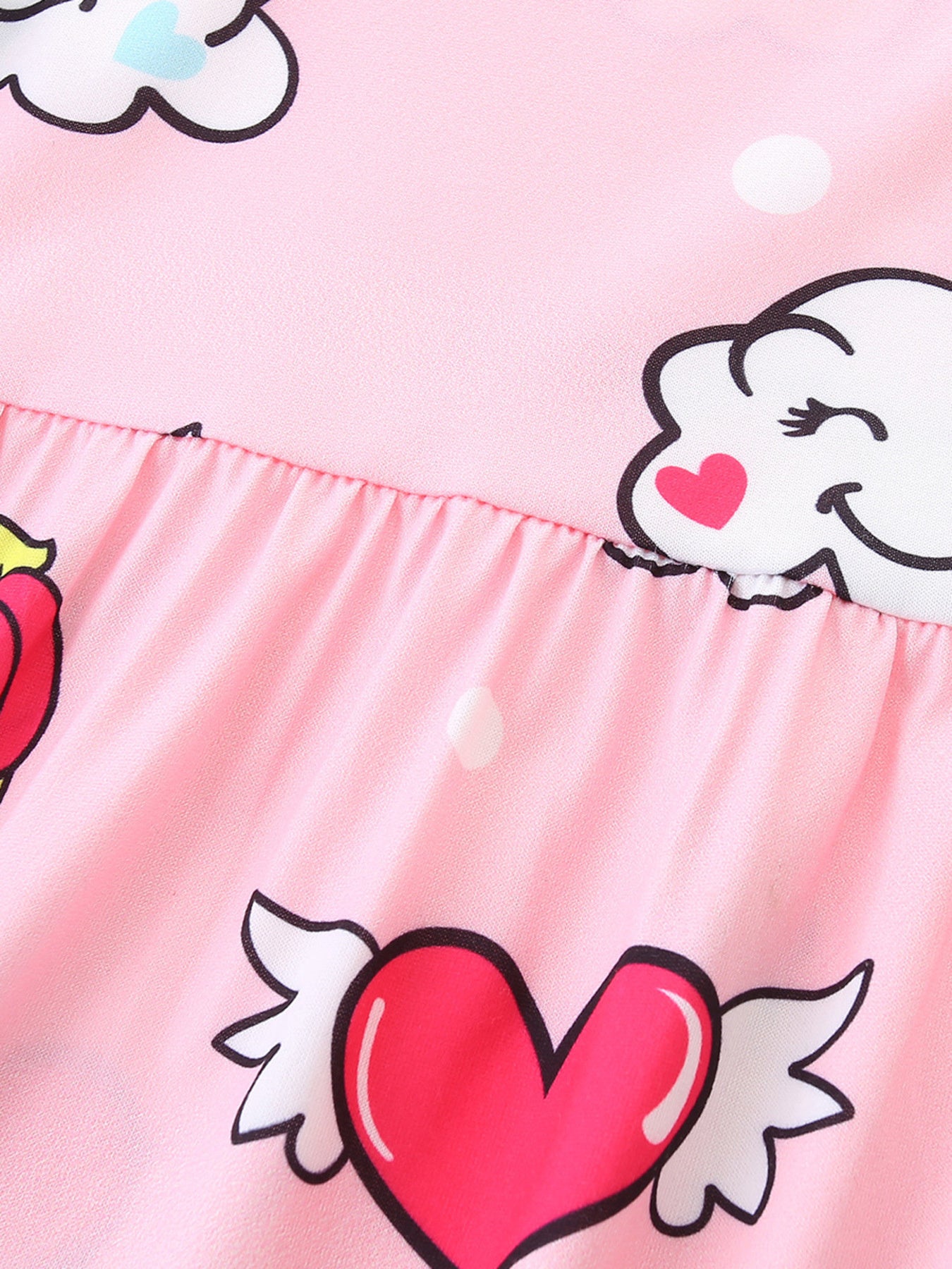 Pink polyester toddler dress with cartoon cloud and heart print