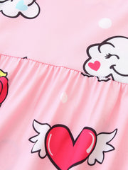 Pink polyester toddler dress with cartoon cloud and heart print