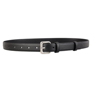 Black cowhide leather belt with silver buckle and keeper loop.
