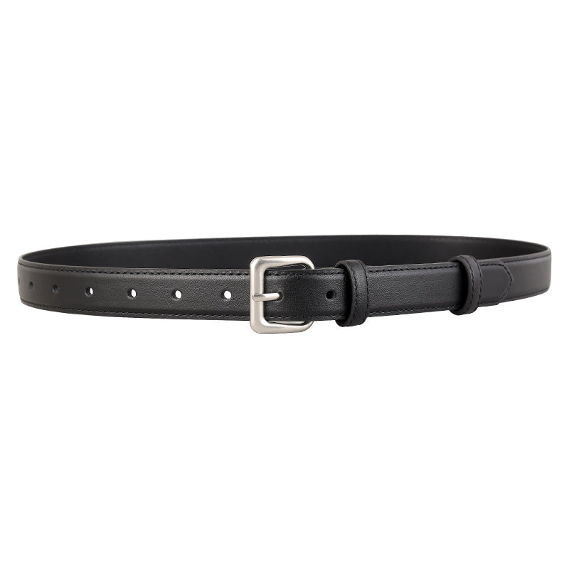 Black cowhide leather belt with silver buckle and keeper loop.