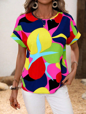 Women's abstract floral print tee with short sleeves and a crew neck in vibrant multi-color.