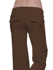 Cargo-inspired wide-leg drawstring trousers in coffee brown with button flap back pockets.