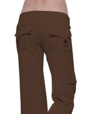Cargo-inspired wide-leg drawstring trousers in coffee brown with button flap back pockets.