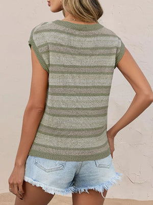 Green ribbed striped knit top with round neck and cap sleeves.