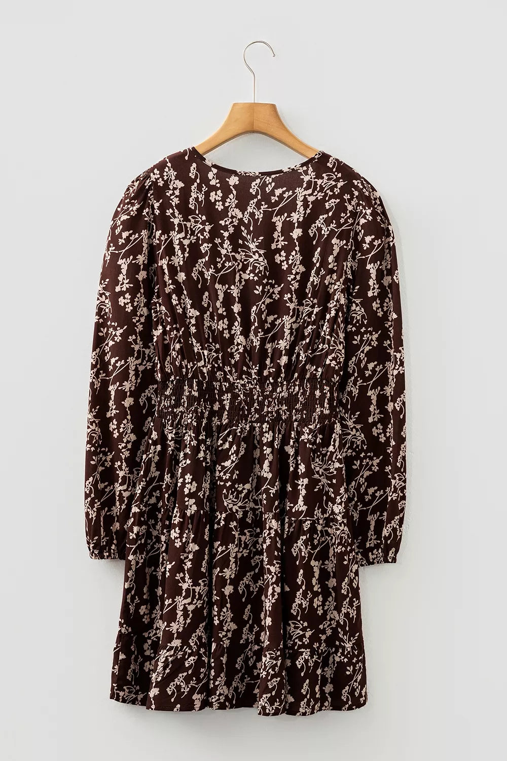 Ditsy Floral Print Split Neck Mini Dress in Coffee Brown, fit detail