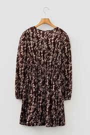 Ditsy Floral Print Split Neck Mini Dress in Coffee Brown, fit detail