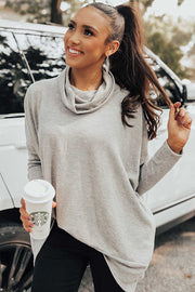 Light Gray drape-front cowl neck tunic with long sleeves.