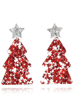 Red acrylic star-studded Christmas tree drop earrings with silver star tops
