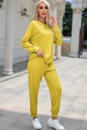 Plush lounge set in True Yellow, relaxed fit joggers and long sleeve top.