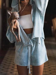 Zip Up Hooded Outerwear And Shorts Set in Grey, close-up detail