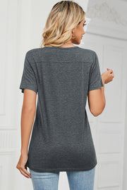 Dark Gray Button-Placket Henley Tee with short sleeves and a relaxed fit.