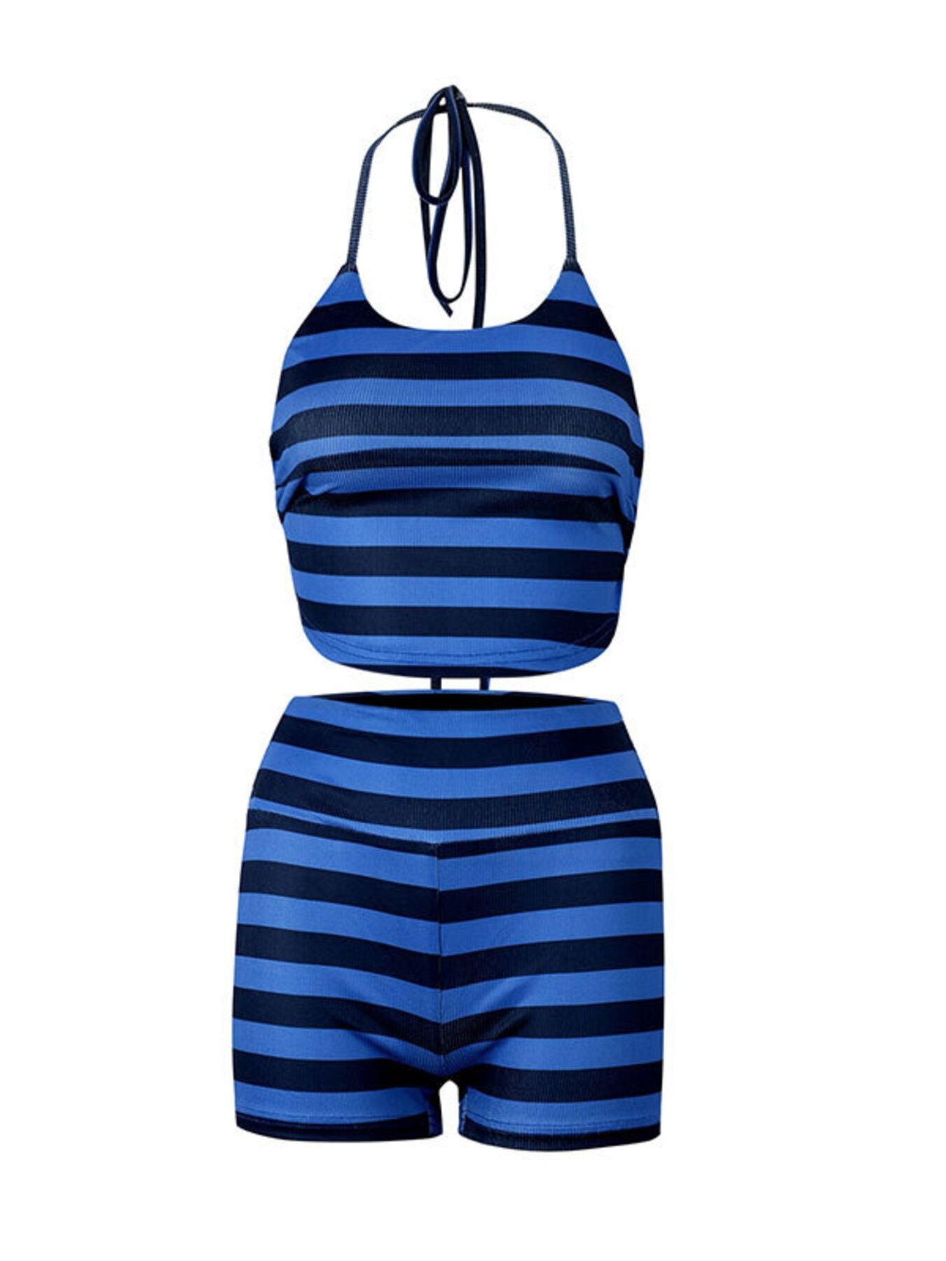 Blue striped halter neck crop top and high-waisted shorts two-piece set