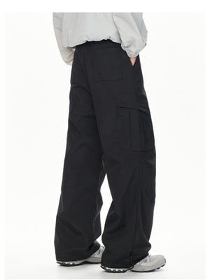 Men's black relaxed fit cargo sweatpants with adjustable drawstring hem.