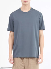 Men's dark gray crew neck t-shirt, short sleeves, breathable cotton.