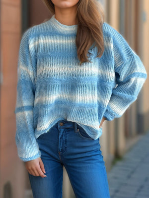 Sky blue ombre stripe fluffy knit crewneck jumper with textured details.