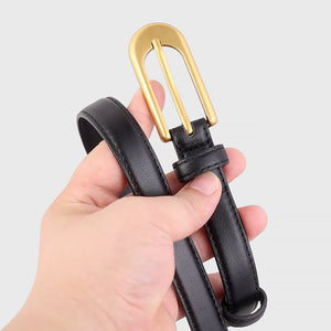 Black leather belt with matte gold buckle detail