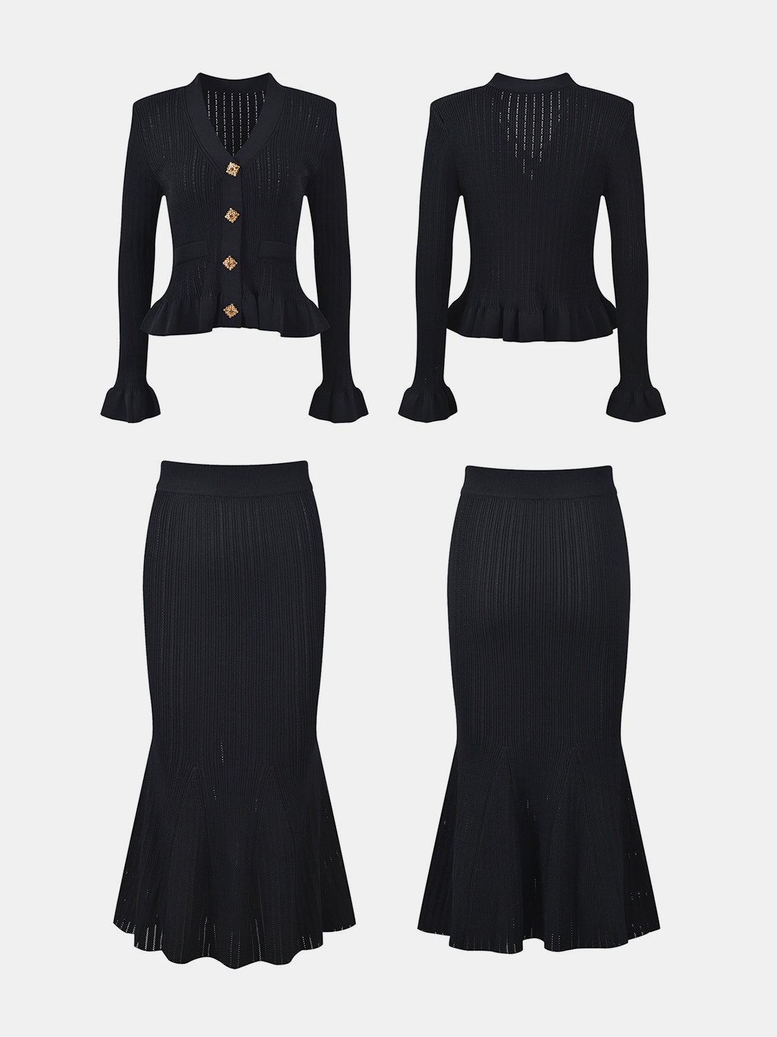 Black knit cardigan with ruffled hem and gold buttons, paired with a matching ribbed midi skirt.