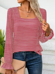 Red and white striped blouse with square neckline and ruffle cuffs