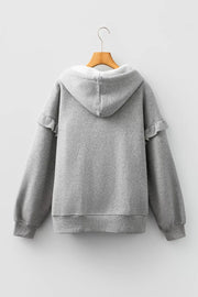 Contrast Rope Drawstring Ruffle Hoodie in Gray, model styling view