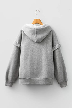 Contrast Rope Drawstring Ruffle Hoodie in Gray, model styling view