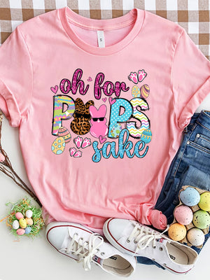 Pink graphic t-shirt with Easter Peeps and eggs saying "Oh For Peeps Sake