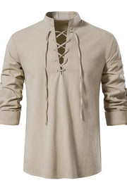 Khaki linen henley shirt with lace-up collar and rolled sleeves