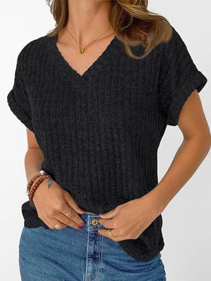 Black ribbed V-neck t-shirt with cuffed short sleeves and relaxed fit.