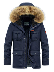 Dark blue parka with fur hood, multiple pockets, and fleece lining.